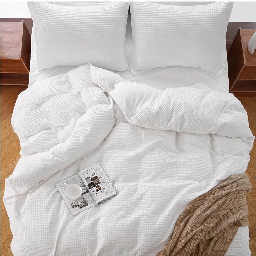 VALUXE Duvet Cover Set Queen 100% Cotton,White Waffle Weave Soft/Breathable 3pc
